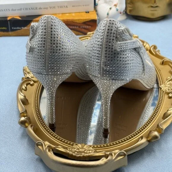 🆕 BLACK SUEDE STUDIO 🧿 NWOB White Satin Ribbon Rhinestone Heels, Sz 37 US 6.5 - Picture 12 of 16